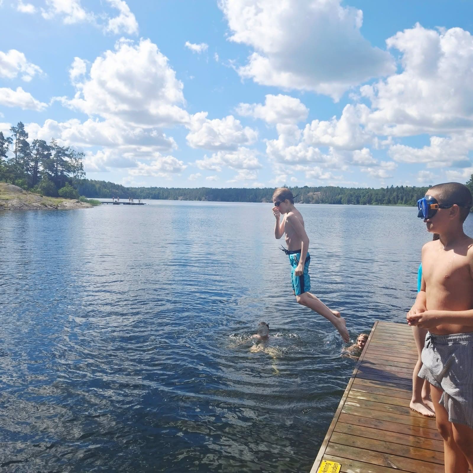 Barn hoppar från bryggan ner i sjön en solig sommardag.
