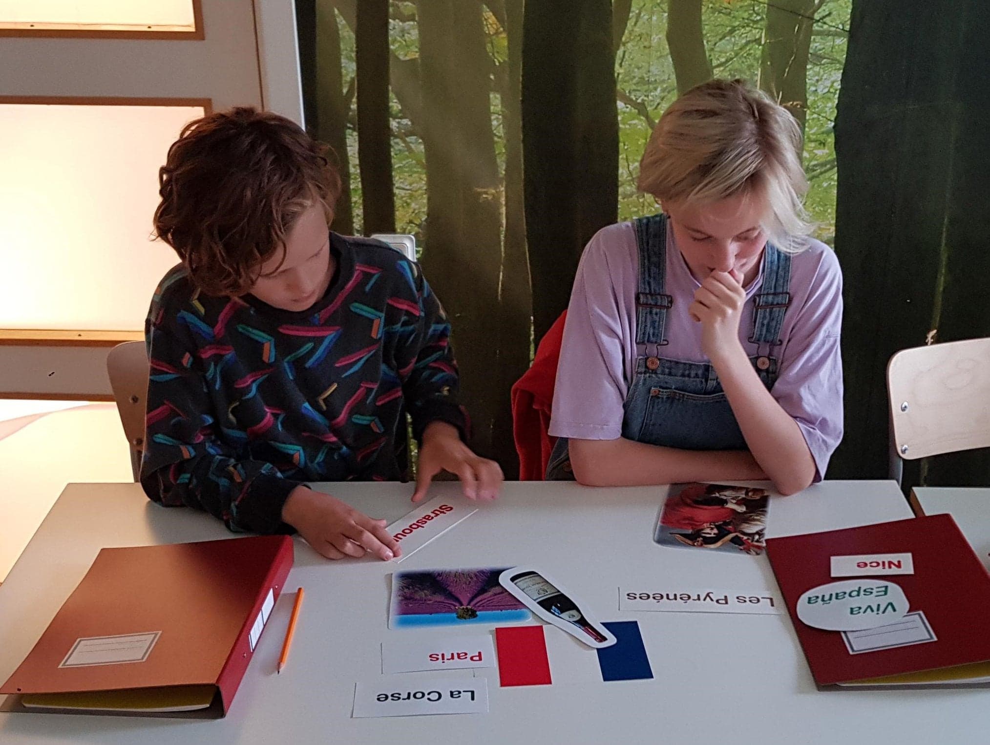 Lärare framme vid tavlan visar franska eller spanska för en lyssnande klass.
