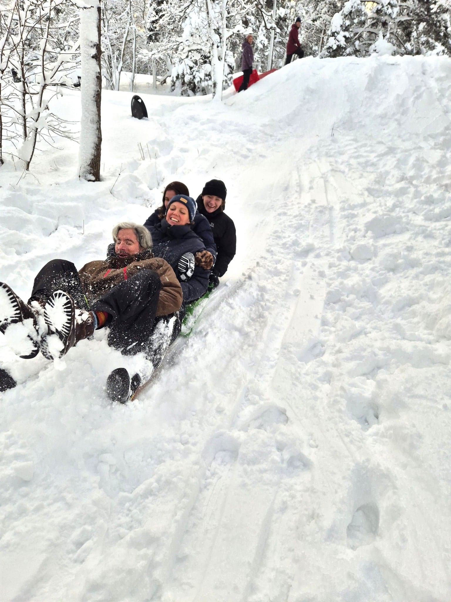 Pedagoger åker pulka i en snöig backe.